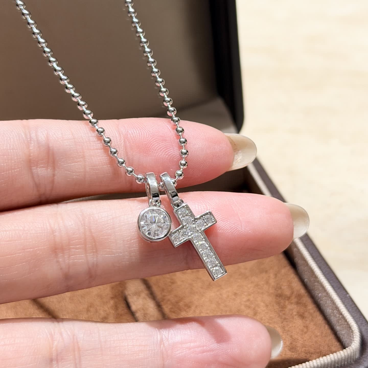Chrome Hearts Silver Cross and Round Diamond Pendant Necklace